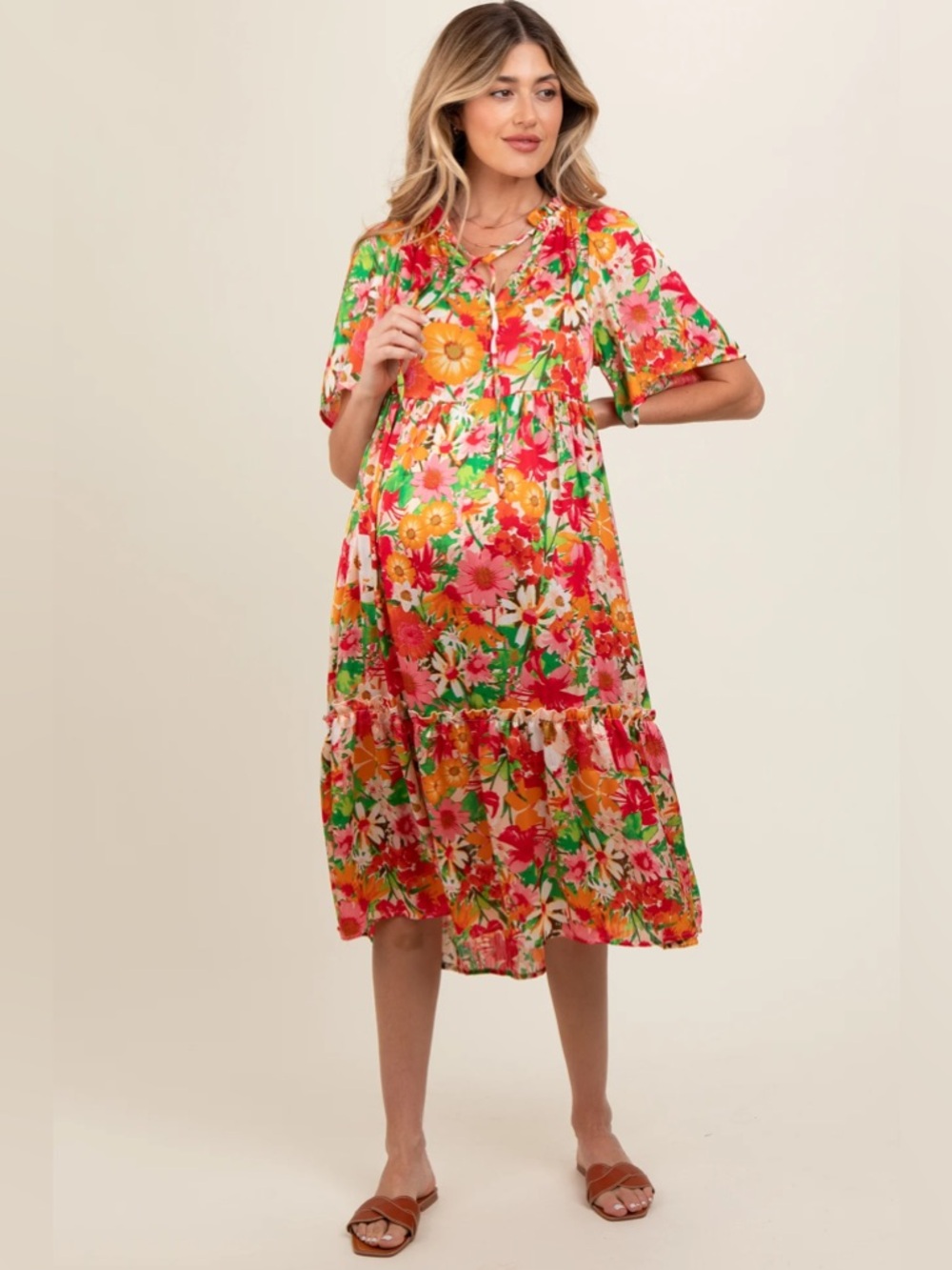 Umgee Cream Pink Floral Satin Ruffle Short Flutter Sleeve Midi Dress size Large - Picture 4 of 8